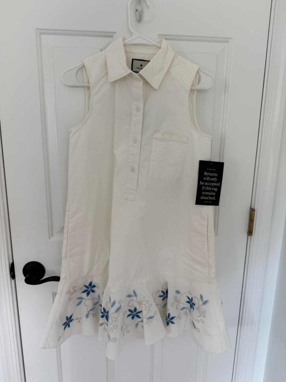 Tuckernuck Sleeveless White Dress with Embroidered Blue Floral Hem